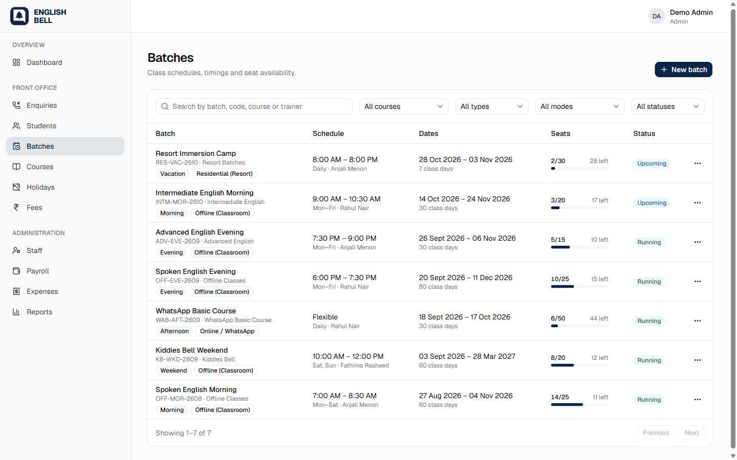 Batches list with schedules and seat availability