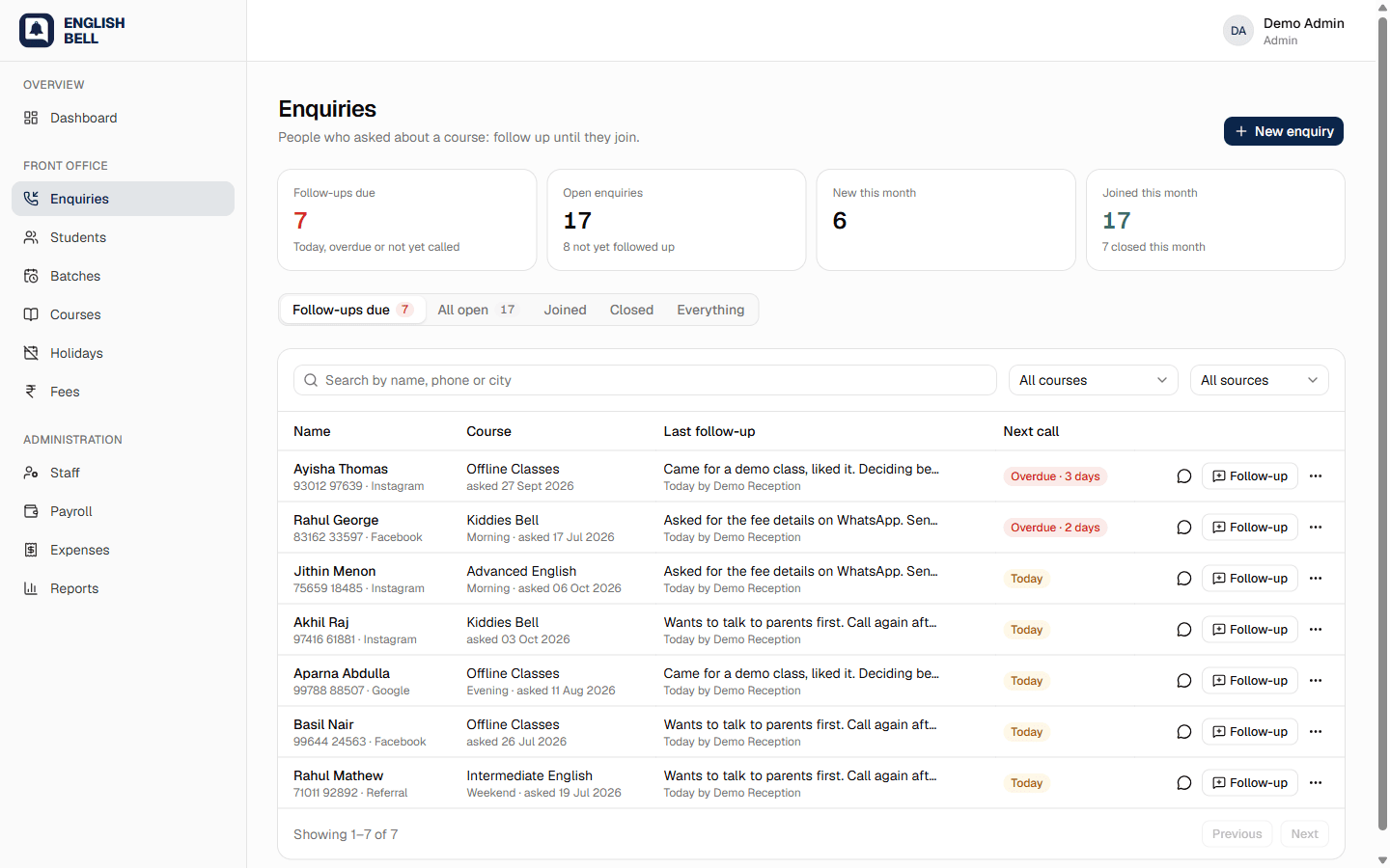 Enquiries list with follow-up status