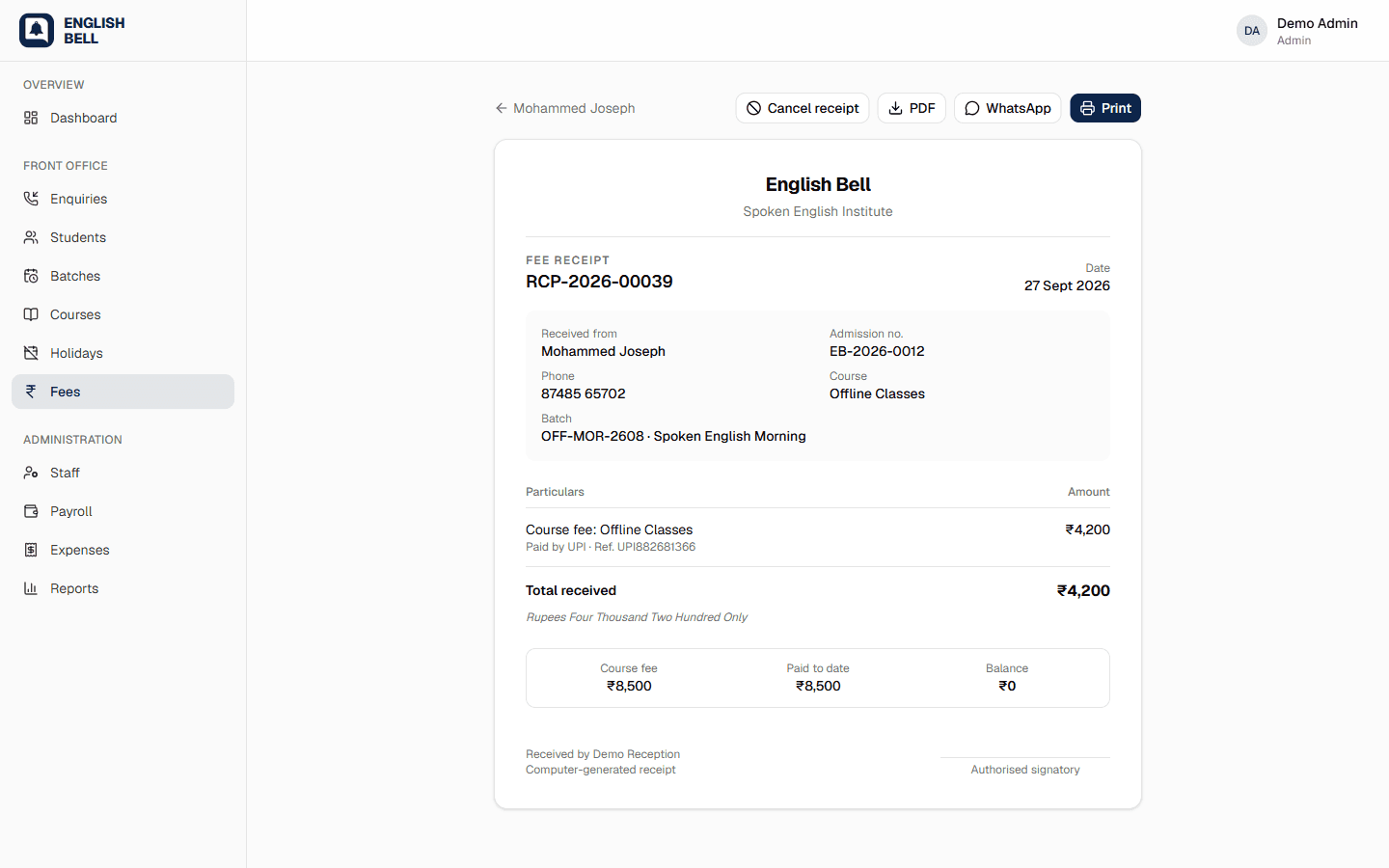 Printable fee receipt