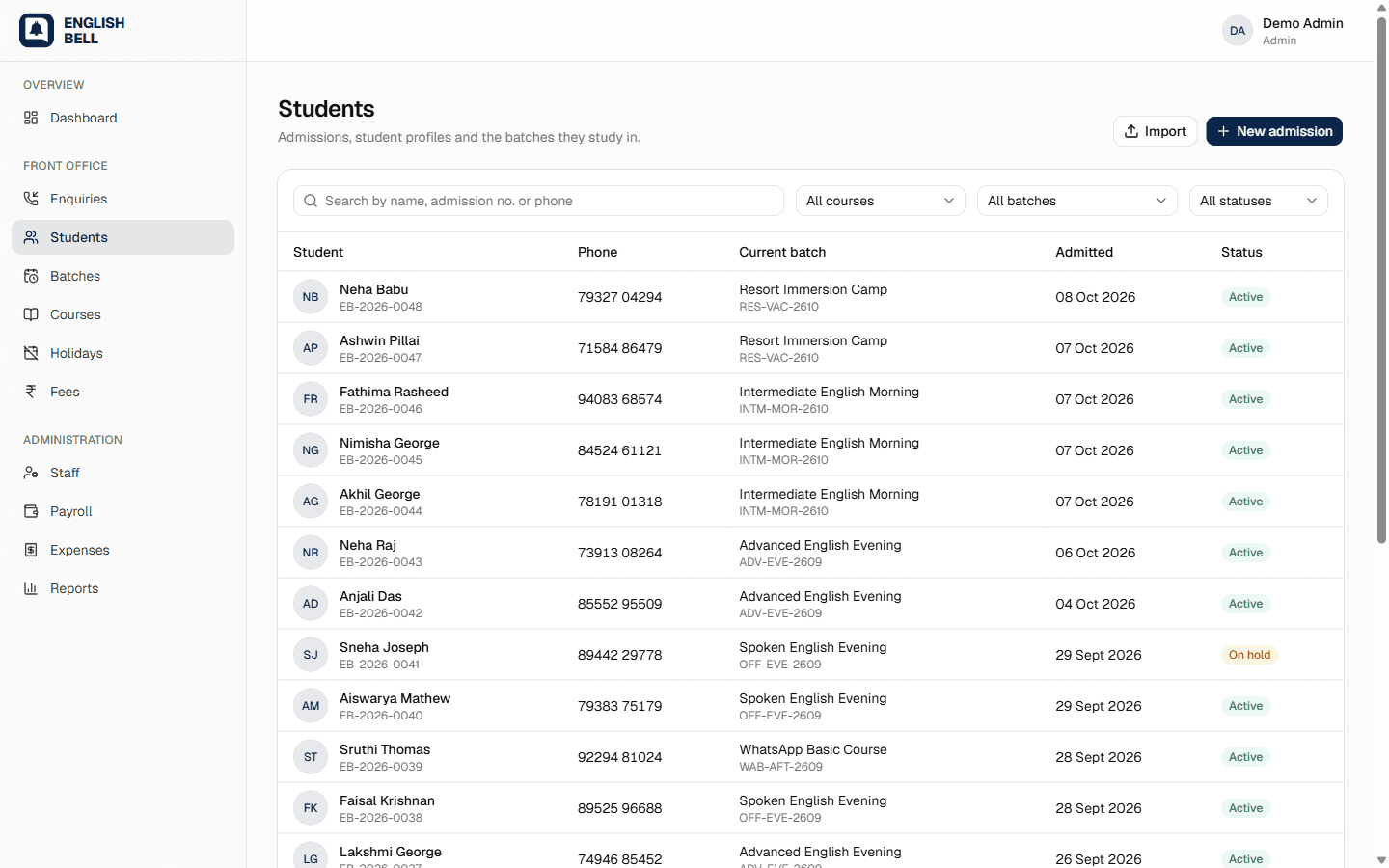 Students list with photos and batches